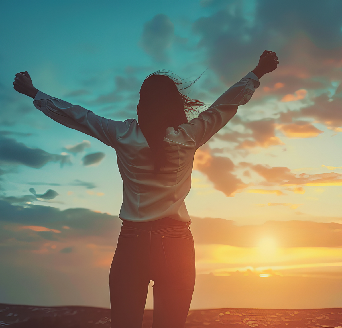 woman raising hands in success in front of a sunset