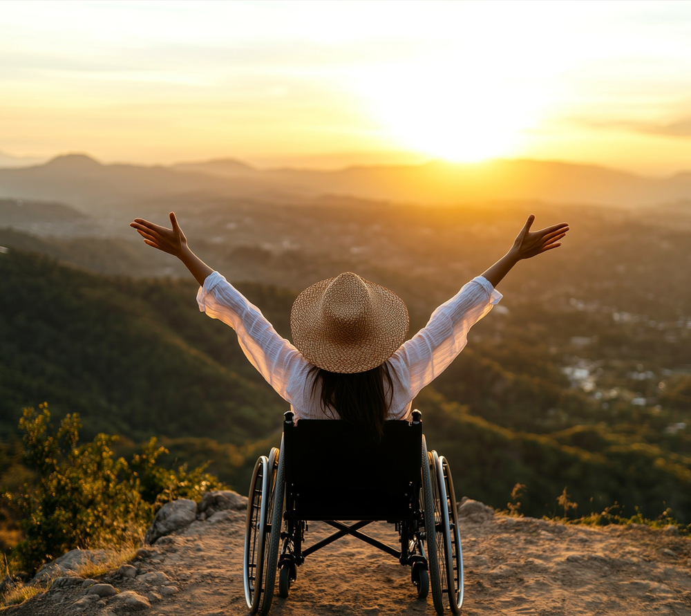 woman in wheelchair on cliff with arms extended in celebration